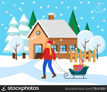 Father and kid spend time actively together in winter snowy lawn. Parent rides his child on sleigh. Girl on sled holding present box. Living building on background, house in town. Vector illustration. Father Rides His Child on Sled, Winter Cityscape