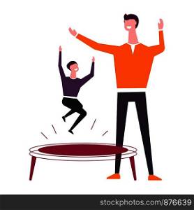 Father and little son on round trampoline have fun. Family entertainment for parent and kid. Man and boy spend time together. Dad and child in cheerful mood isolated cartoon vector illustration.. Father and little son on round trampoline have fun