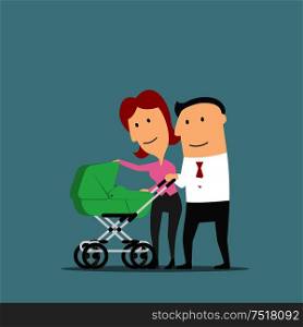 Father and mother smiling over baby carriage or buggy. Dad and mom couple with pram as cartoon characters. Conception of marriage and relationship, parents and child. Father and mother over baby carriage