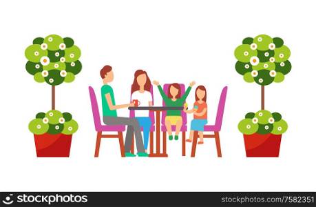 Father and mother spending holiday with children vector. Man drinking tea from ceramic mug, kid with ice cream. Plants in pots and soil, eatery interior. Family Dining in Restaurant, People Cafe Isolated