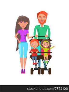 Father and mother strolling with kids sitting in perambulator vector. Brother and sister in pram laughing, married couple with children, parenthood. People Walking with Perambulator, Family Pastime