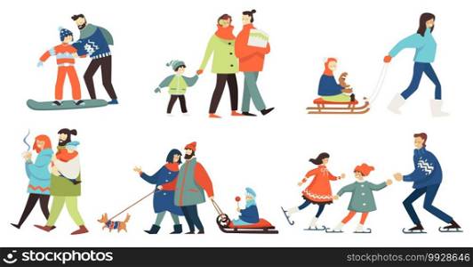 Father and mother with child having fun in winter. Snowboarding and figure skating, characters walking and drinking hot tea, kid sitting on sleigh. Wintertime weekends or holidays, vector in flat. Winter activities of family people, father mother and kid