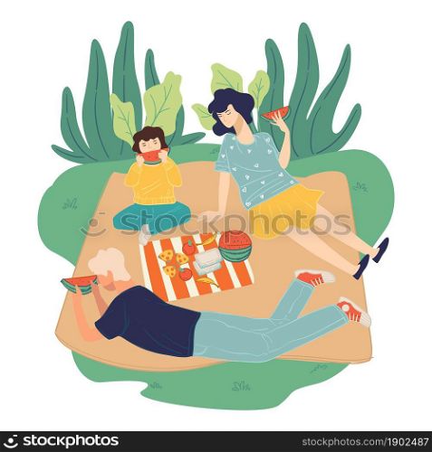 Father and mother with child on picnic in park eating watermelon. Summer season activities and recreation. Man and woman enjoying company of each other, vacations and rest. Vector in flat style. Family on picnic on weekends, summer activities