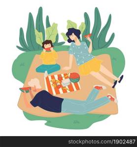 Father and mother with child on picnic in park eating watermelon. Summer season activities and recreation. Man and woman enjoying company of each other, vacations and rest. Vector in flat style. Family on picnic on weekends, summer activities
