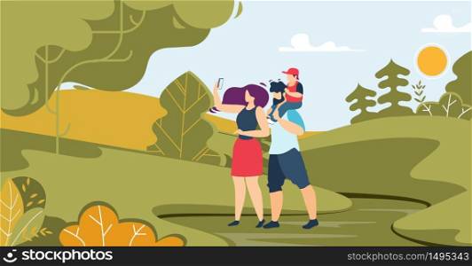 Father and Mother with Child Photographing in Forest. Parent Holding Son Child Taking Selfie on Smartphone. Summertime Recreation. Happy Family Sweet Moments. Enjoy Life. Vector Flat Illustration. Father, Mother with Child Photographing in Forest