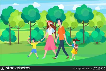 Father and mother with children in park vector, man and woman with son eating ice cream and daughter carrying plush toy in hands, foliage of trees. Family Day Father Mother Spending Holiday in Park