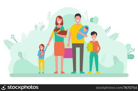 Father and mother with children vector, newborn baby and parents with kids. Daughter and son walking with bag, family day spent together flat style. Happy Family Nice Day Together Parents with Kids