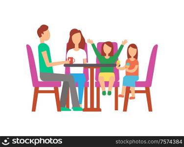 Father and mother with kids eating in cafe vector. Father with cup of tea, daughter holding ice cream. Mother and kid waiting for order, people on weekend. Family Spending Time in Cafe Dining People Bistro