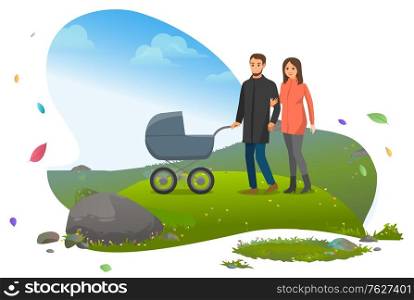 Father and mother with perambulator walking with kid inside vector, characters with newborn baby traveling. Travelers with child in buggy, nature mountains. Mountain tourism. Flat cartoon. People with Pram, Family Stroll in Park Nature