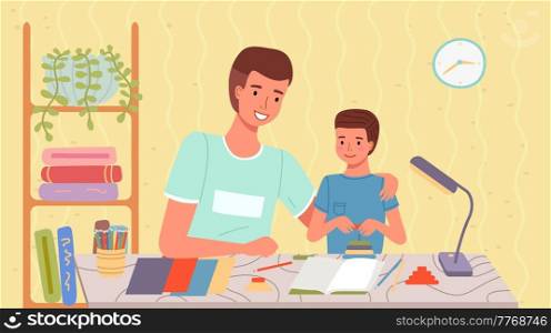 Father and son are doing DIY. Dad and kid spend time together in apartment. Creative family pastime. Men make paper crafts, glue and cut with scissors. Parent with child spends time creatively. Men make paper crafts, glue and cut with scissors. Parent with child spends time creatively