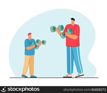 Father and son are exercising with dumbbells together. Man helping his child to work out flat vector illustration. Sport, lifestyle, parenting concept for banner, website design or landing web page