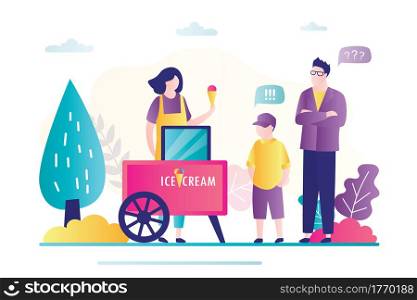 Father and son buy ice cream . Saleswoman selling dessert for people. Ice cream cart with businesswoman and customers in park. Local small business, Takeaway trading. Trendy flat vector illustration. Father and son buy ice cream . Saleswoman selling dessert for people. Ice cream cart with businesswoman and customers in park.