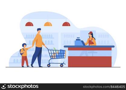Father and son buying food in supermarket. Cashier, trolley, store flat vector illustration. Shopping and grocery store concept for banner, website design or landing web page