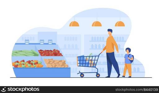 Father and son buying food in supermarket. Young man and boy wheeling shopping cart with food along aisles in grocery store. Vector illustration for market, retail, shoppers, customers concept