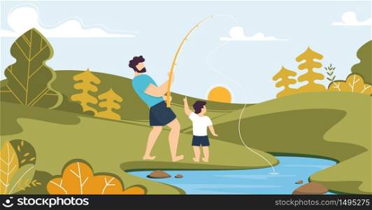 Father and Son Characters with Rod Fishing on River in Forest Cartoon. Fisher Hobby. Parenthood and Childhood. Family Summer Weekend Leisure. Relationship. Vector Natural Scene Flat Illustration. Father and Son Fishing on River in Forest Cartoon