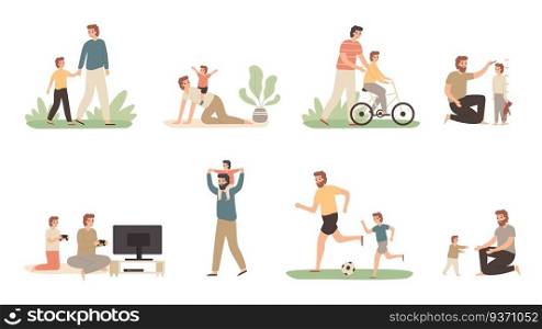 Father and son. Dad raising young boy, parenting child and fathers love concept. Daddy and son family activity, sons with father relationship or fatherhood isolated vector illustration icons set. Father and son. Dad raising young boy, parenting child and fathers love concept vector illustration set