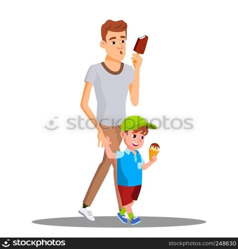 Father And Son Enjoy Eating Ice Cream Vector. Illustration. Father And Son Enjoy Eating Ice Cream Vector. Isolated Illustration