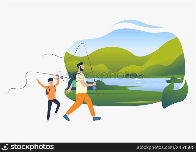 Father and son holding fishing rods, landscape with lake. Holiday, tourism, summer concept. Vector illustration can be used for topics like leisure, family, nature