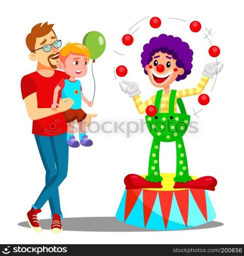 Father And Son In Amusement Park Vector. Clown. Illustration. Father And Son In Amusement Park Vector. Clown. Isolated Illustration