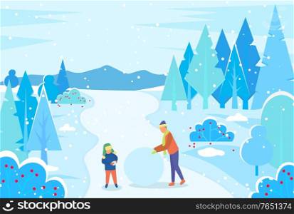 Father and son make snowball for snowman together. Family spend time actively in snowy forest. Man and kid walk in wood on winter holidays. Landscape with fir trees on background. Vector illustration. Father and Kid Making Snowman in Winter Forest