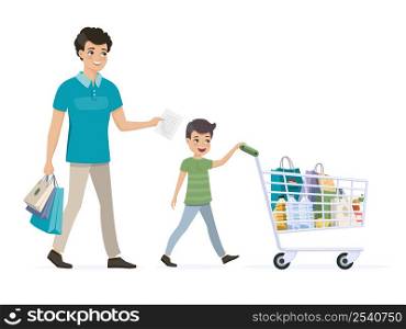 Father and son on shopping. Child drives a full grocery cart. Vector illustration