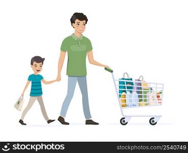 Father and son on shopping with a full grocery cart. Vector illustration