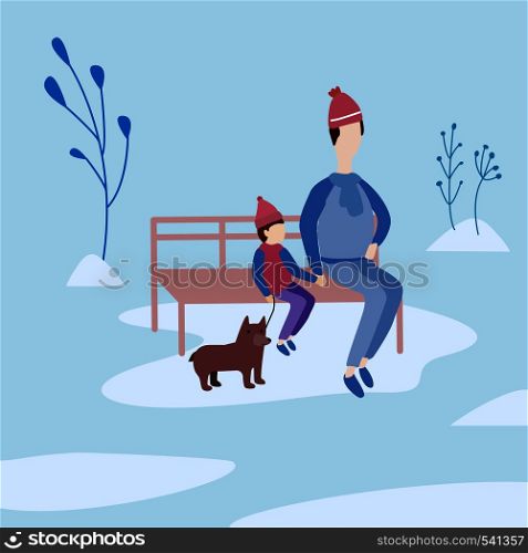 father and son outdoor. sit on a bench in the park. Flat vector illustration. father and son outdoor. sit on a bench in the park.