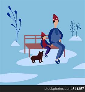 father and son outdoor. sit on a bench in the park. Flat vector illustration. father and son outdoor. sit on a bench in the park.