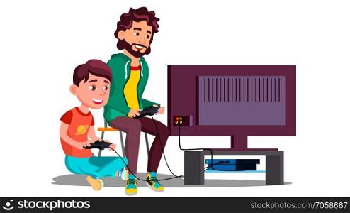 Father And Son Play Video Games Sitting Together Vector. Illustration. Father And Son Play Video Games Sitting Together Vector. Isolated Illustration