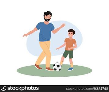 Father and son playing football. Dad, boy and soccer ball on grass. Family summer outdoor activities. Fathers day. Flat vector illustration.. Father and son playing football. Dad, boy and soccer ball on grass. Family summer outdoor activities. Fathers day. Flat vector illustration