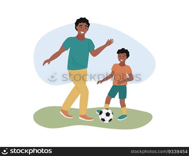 Father and son playing football together. African american dad, boy and soccer ball on grass. Family summer outdoor activities. Fathers day. Flat vector illustration.. Father and son playing football together. African american dad, boy and soccer ball on grass. Family summer outdoor activities. Fathers day. Flat vector illustration