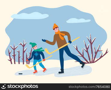 Father and son playing hockey on rink outdoor. Winter season in park with dad and little boy playing on ice. Man and child wearing casual clothes with hat and mittens holding stick and skating vector. Activity of Dad and Son Playing Hockey Vector