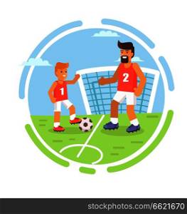 Father and son playing with ball on football field isolated in round circle. Family sport happy fathers day poster with son and dad play outdoor games. Happy Fathers Day Poster with Son and Dad Vector