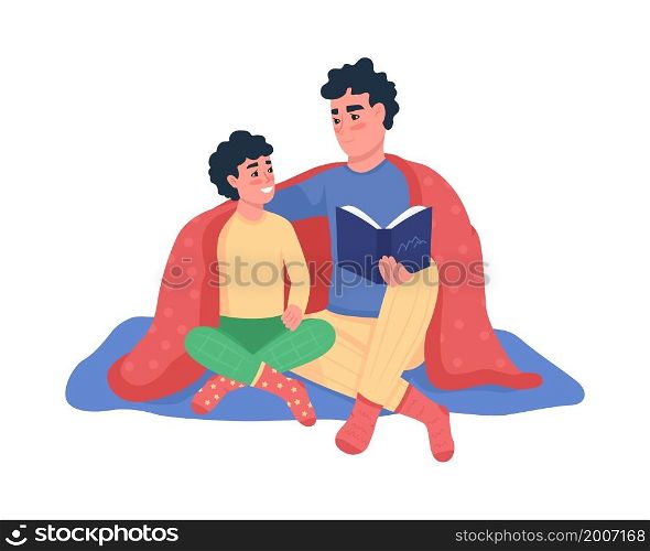 Father and son reading semi flat color vector characters. Sitting figures. Full body people on white. Family isolated modern cartoon style illustration for graphic design and animation. Father and son reading semi flat color vector characters