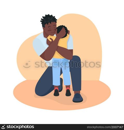 Father and son reunion 2D vector isolated illustration. Dad relaxing male toddler with hugs flat characters on cartoon background. Embracing child with care. Parenting hugging colourful scene. Father and son reunion 2D vector isolated illustration