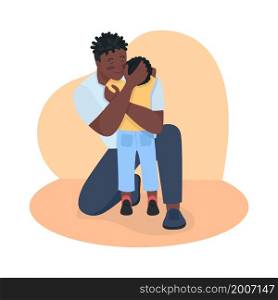 Father and son reunion 2D vector isolated illustration. Dad relaxing male toddler with hugs flat characters on cartoon background. Embracing child with care. Parenting hugging colourful scene. Father and son reunion 2D vector isolated illustration