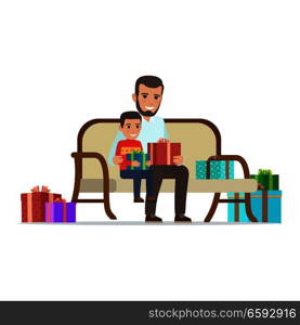 Father and son sit on sofa, smile and hold presents among other presents on white background. Father and son exchange Christmas gifts. Happy family moment christmas-themed vector illustration.. Father and Son Share Gifts. Christmas Illustration