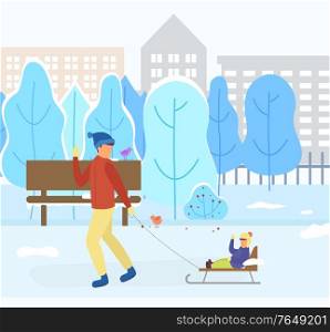 Father and son sitting on sleds, winter landscape with buildings and trees covered with snow. Town in wintry season. Sledding kid and dad pulling sleigh. Cityscape with skyscrapers. Vector in flat. Dad and Kid on Sleds in Park, Winter Cityscape