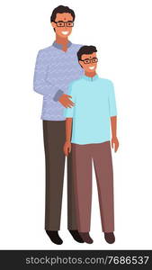 Father and son vector, isolated man with kid wearing glasses flat style characters. Male in simple clothes sweater and trousers, teenager and adult. Indian Man and Kid, Father and Son in Glasses