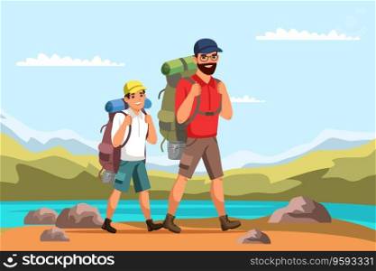 Father and son with backpacks go to mountains vector image