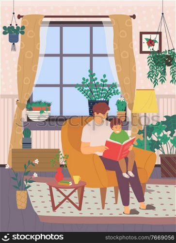 Father care vector, man at home in light room, boy learn to read book with daddy, dad sits on modern armchair and reads stories from book to son flat style, concept for Father day. Fathers Care in Room, Reading Book on Armchair