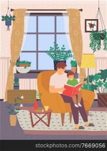 Father care vector, man at home in light room, boy learn to read book with daddy, dad sits on modern armchair and reads stories from book to son flat style, concept for Father day. Fathers Care in Room, Reading Book on Armchair