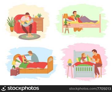 Father caring for newborn baby feeding it vector, man and sick kid laying in bed, daddy reading bedtime stories, nutrition of offspring parenting, concept for Father day. Daddy and Kid, Father Feeding Newborn Child Baby