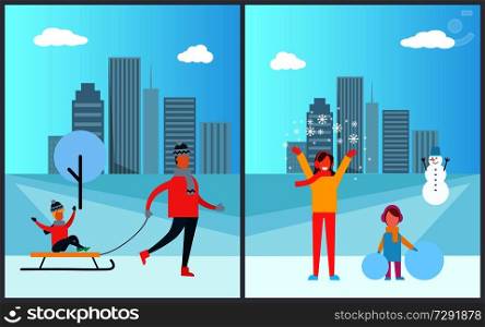 Father carrying child on sleigh, mother and daughter spending time together during winter holidays on background of skyscrapers vector illustration. Father Carrying Child on Sleigh, Mother and Daughter