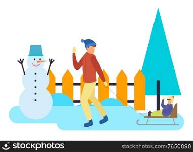 Father carrying daughter sitting on sleigh in winter park. Happy parent and child walking with sledge snowman and fir-trees in frost season. Leisure of dad and childing on white snowy land vector. People Leisure with Sledge in Winter Park Vector