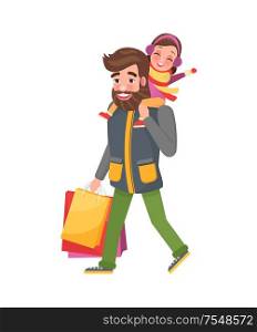 Father carrying young daughter on shoulders. Parent and little girl do shopping on Christmas. Dad with bags or packs, holiday gifts for family members. Father Carrying Young Daughter on Shoulders Parent