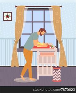 Father changing diapers of newborn baby vector, daddy and kid laying on table, room interior with furniture and curtains, framed picture, family care, concept for Father day. Father Caring for Child, Newborn Baby on Table