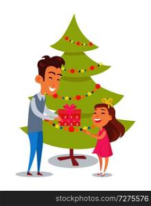 Father congratulates daughter with holiday near Christmas decorated tree. Dad greets little girl with fest giving wrapped color gift box, happy family. Father Congratulates Daughter in Christmas Holiday