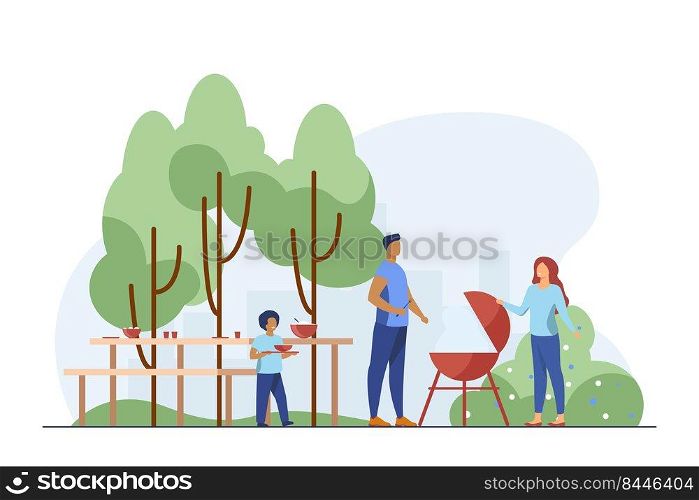 Father cooking barbecue on picnic. Park, nature, food flat vector illustration. Family and weekend concept for banner, website design or landing web page
