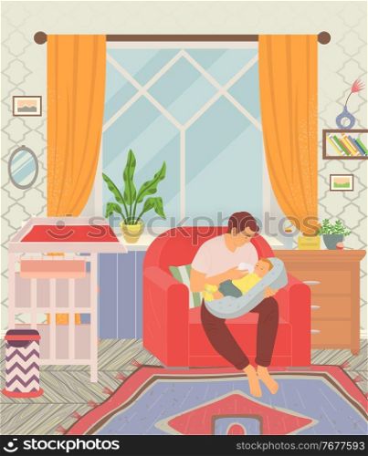 Father feeding son with bottle of milk. Children room with furniture like baby changing table and armchair, wooden chest. Vector illustration in flat style. Father Feeding Son with Bottle of Milk at Home
